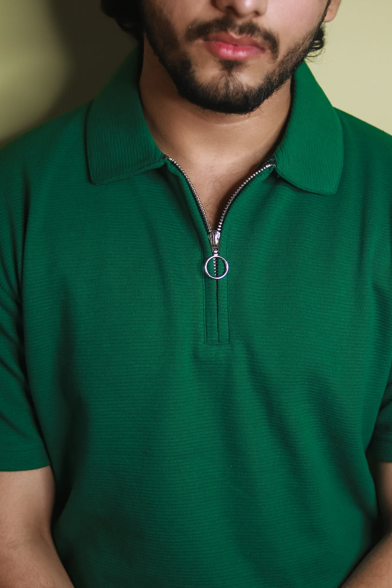 Textured Zipper Polo Shirt - Green