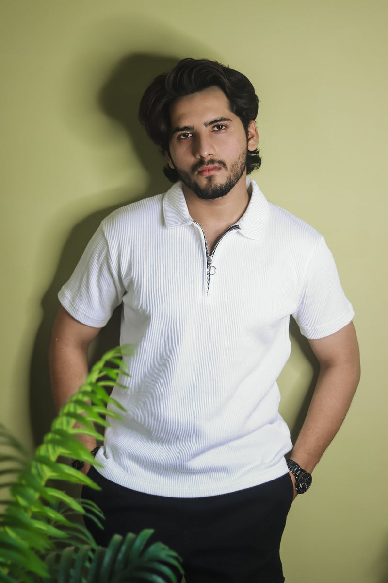 Textured Zipper Polo Shirt - White