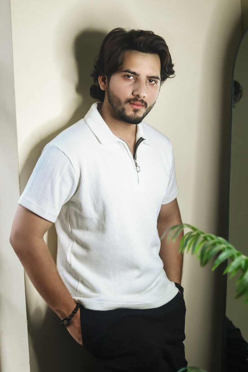 Textured Zipper Polo Shirt - White