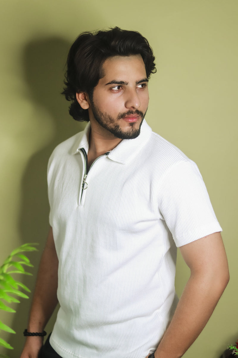 Textured Zipper Polo Shirt - White