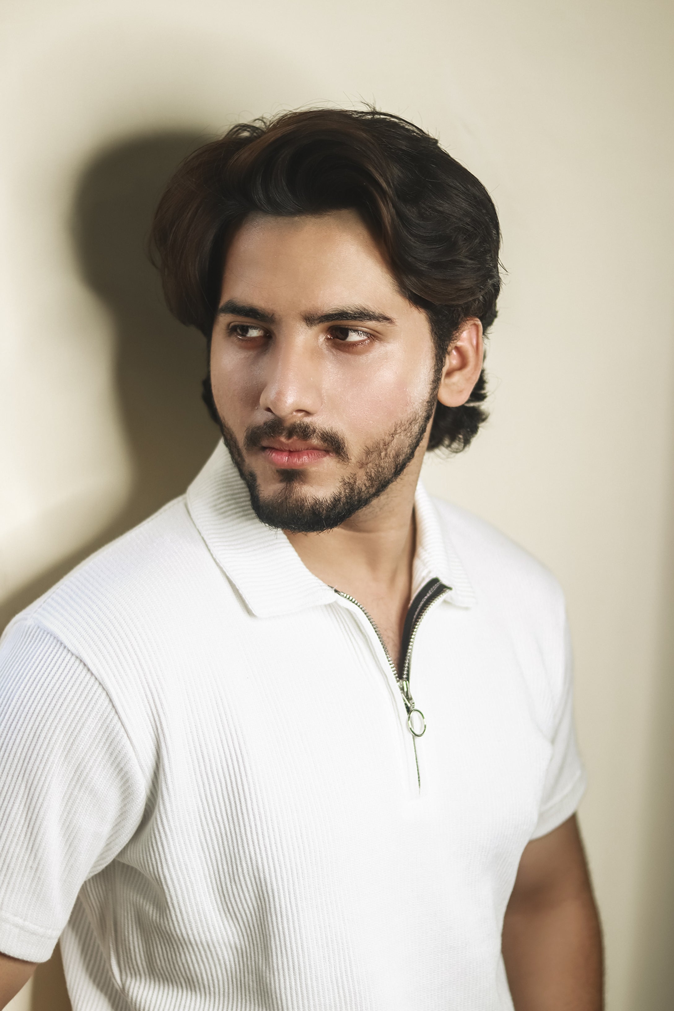 Textured Zipper Polo Shirt - White