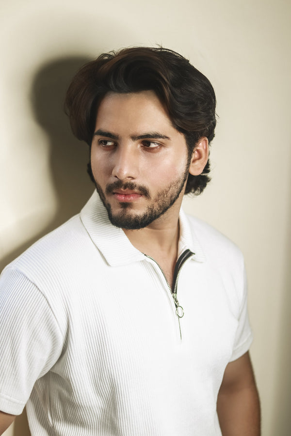 Textured Zipper Polo Shirt - White