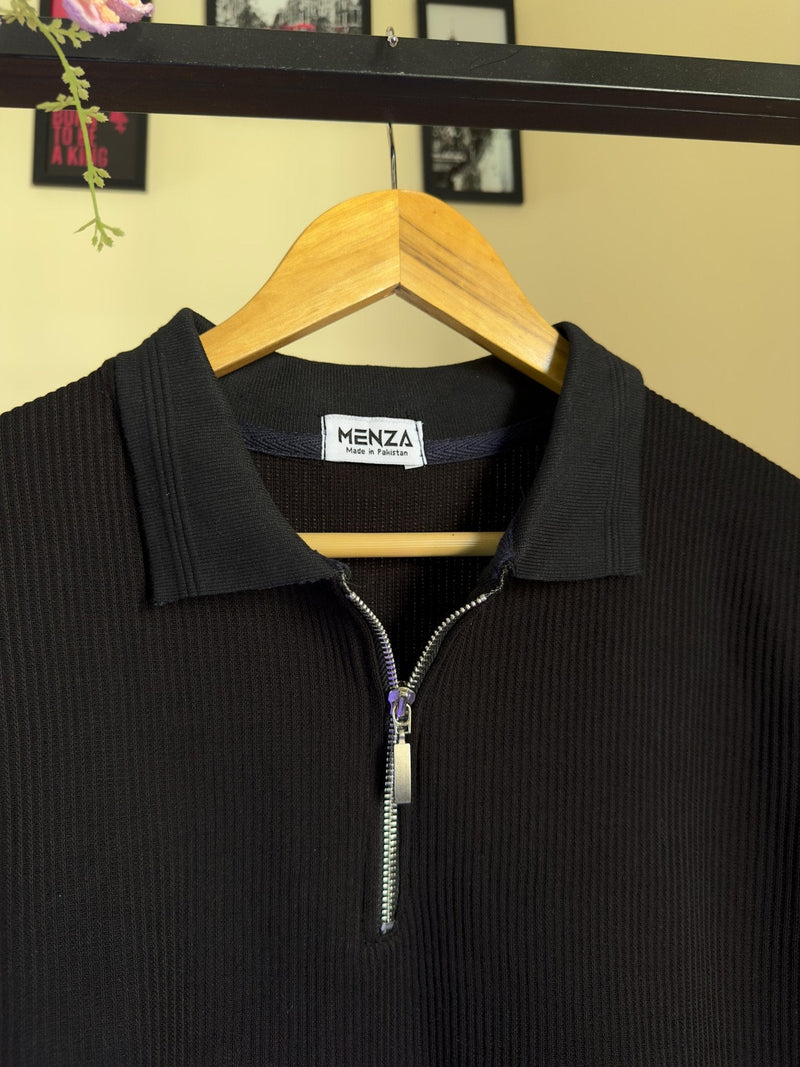 Black Knitted Zipper Polo - Menza